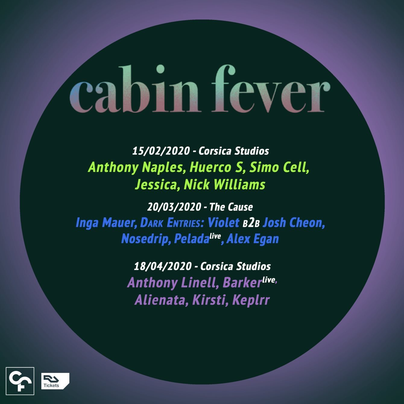 [CANCELLED] Cabin Fever: Inga Mauer, Violet b2b Josh Cheon, Nosedrip, Pelada - Flyer back