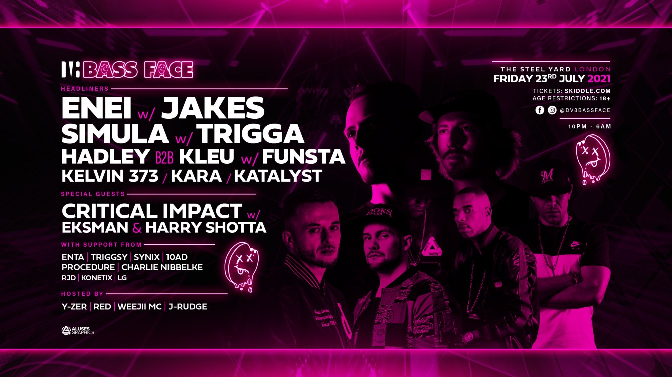 Bass Face // LDN // Enei.Jakes, Simula.Trigga, Critical Impact.Eksman & Harry Shotta, - Flyer front
