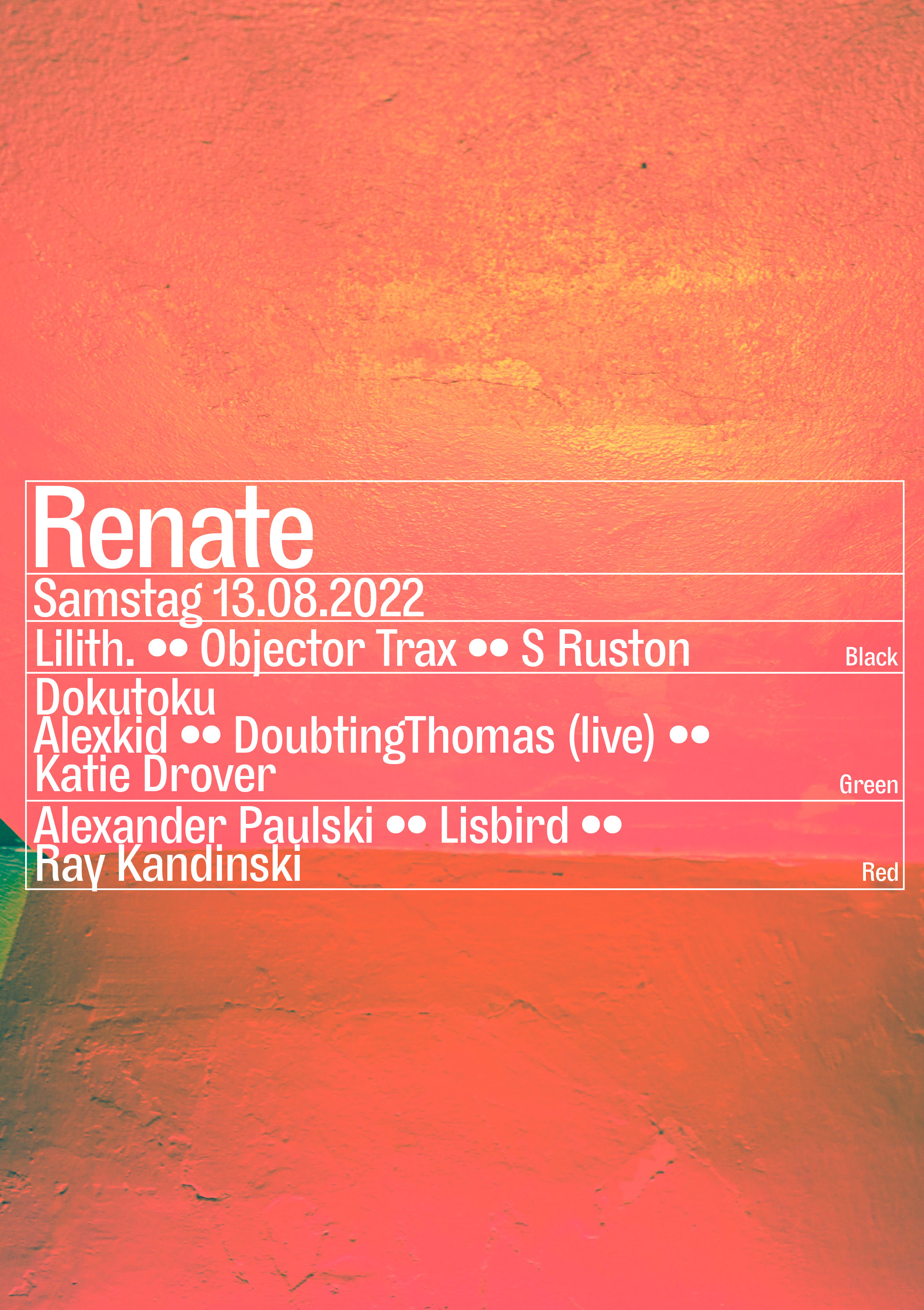 Renate with DoubtingThomas, Lilith., Ray Kandinski, S Ruston - Flyer front