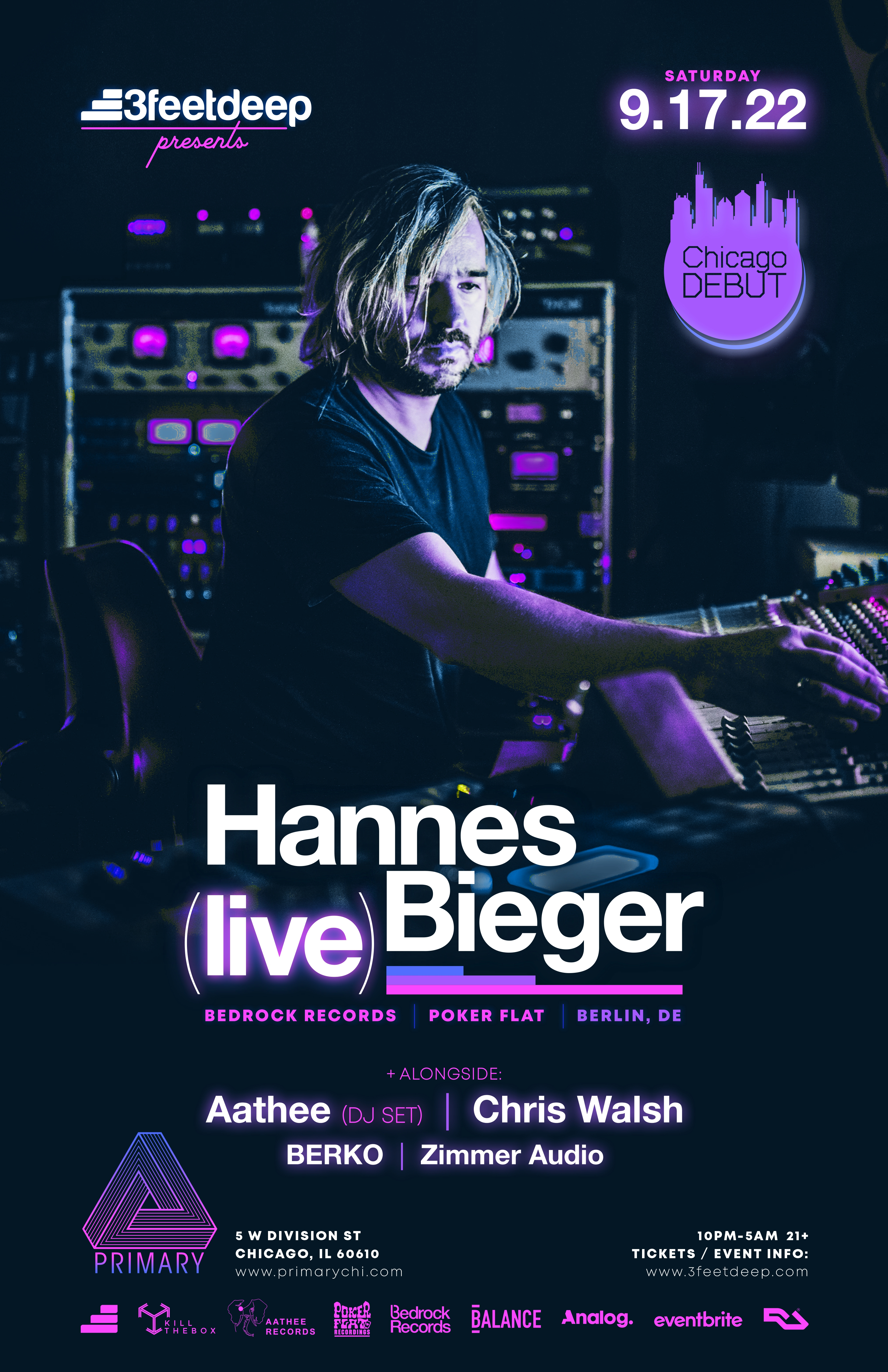 Hannes Bieger [LIVE] (Bedrock Records, Germany), + Aathee (DJ Set), Chris Walsh [3feetdeep] - Flyer front