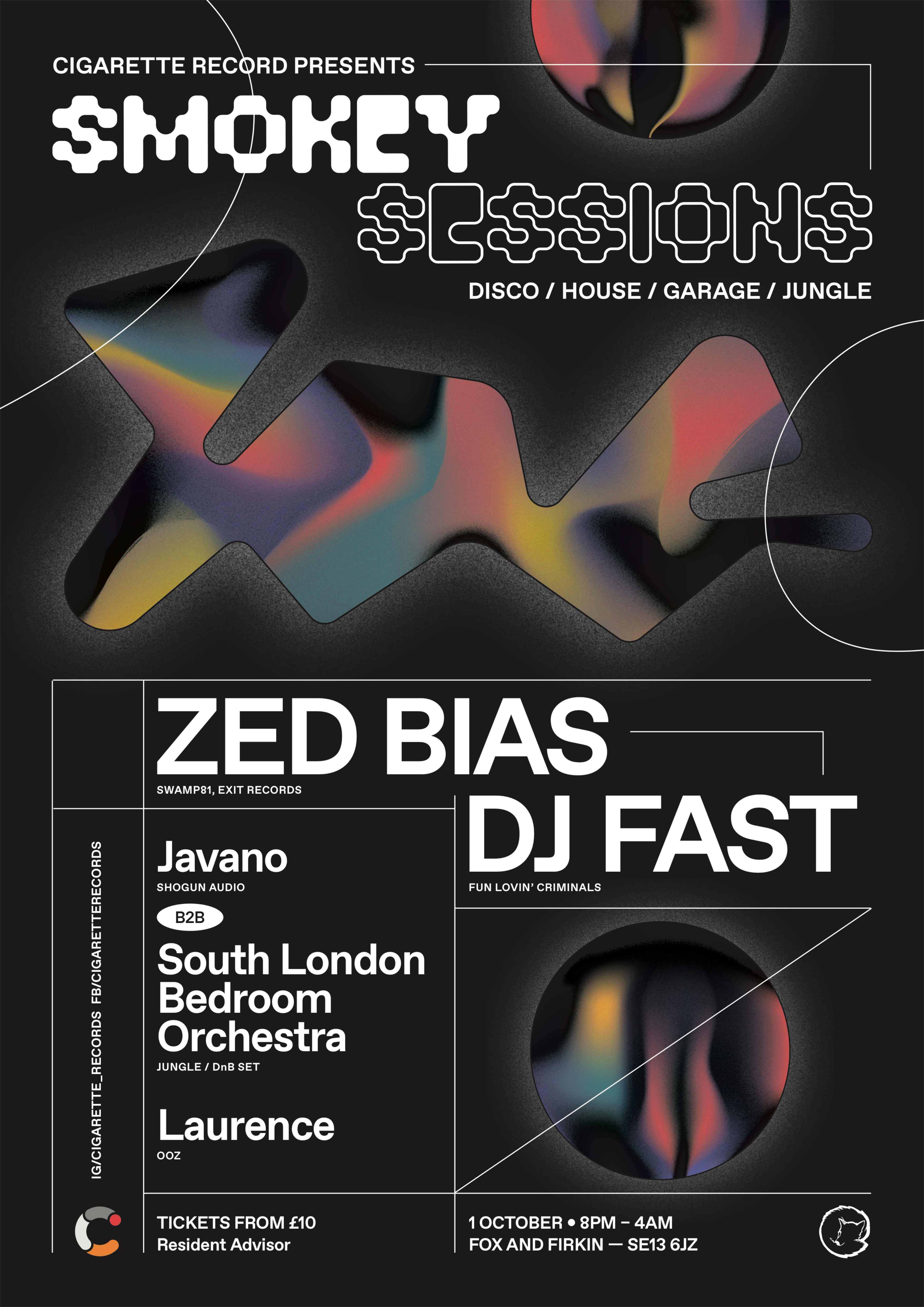 Smokey Sessions // Zed Bias, DJ FAST, Laurence, South London Bedroom Orchestra - Flyer front