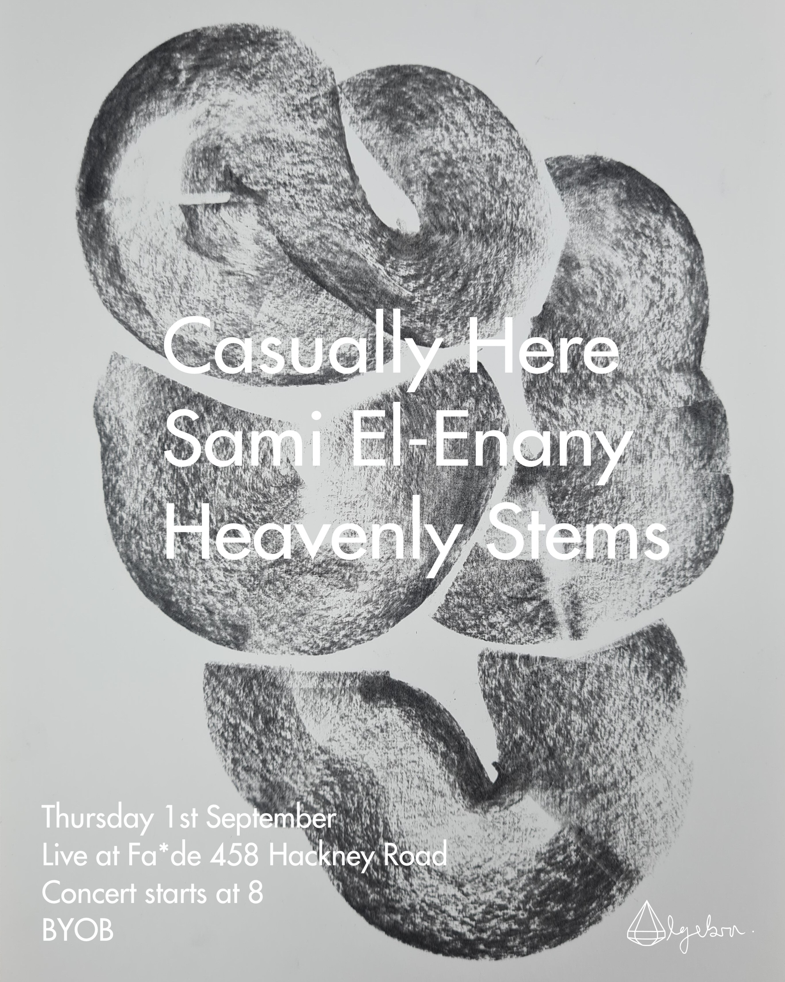 Algebra Records: Casually Here 'Possible Worlds' Album Launch / Sami El-Enany / Heavenly Stems - Flyer front