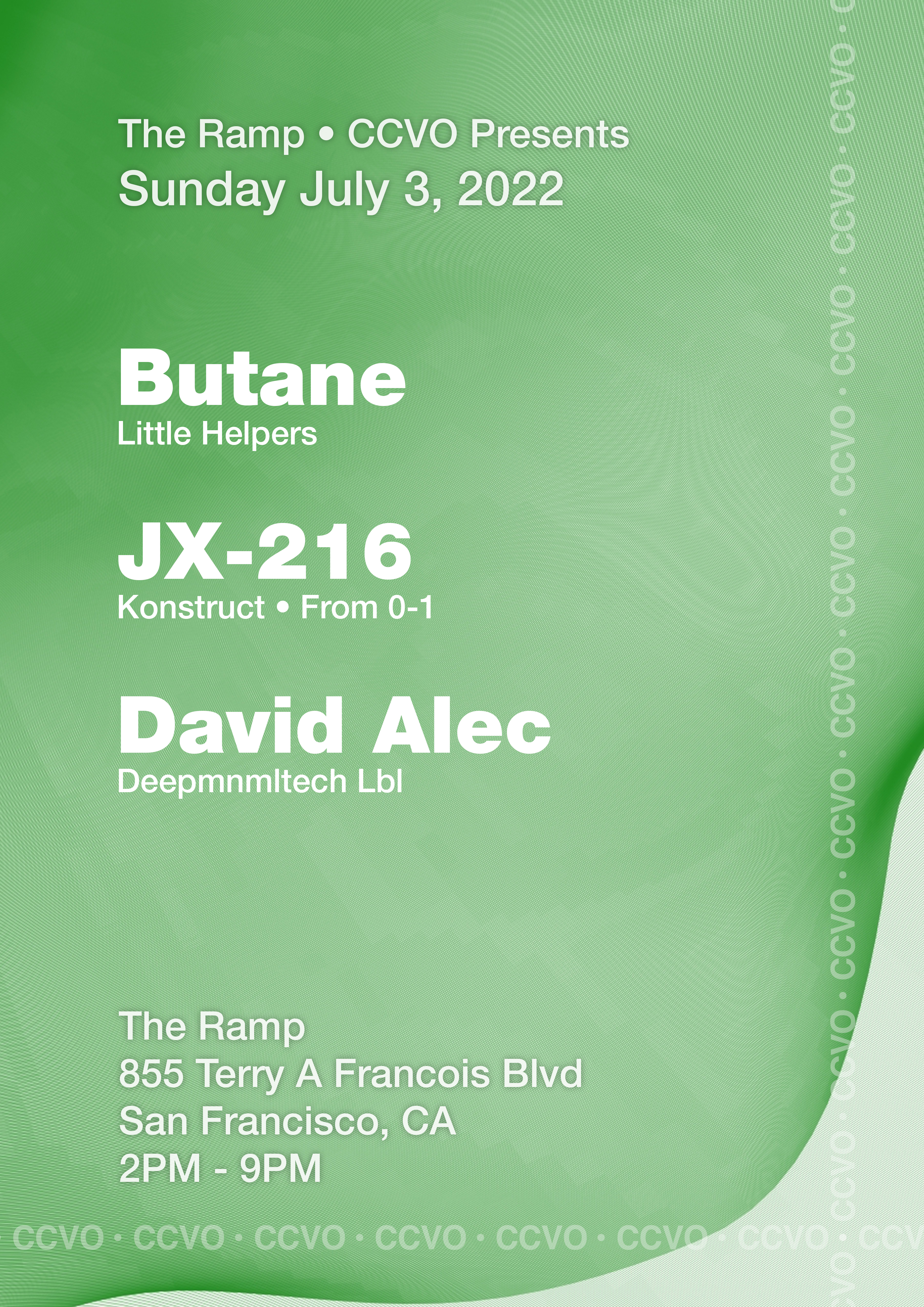CCVO presents Butane, JX-216, David Alec - Flyer front