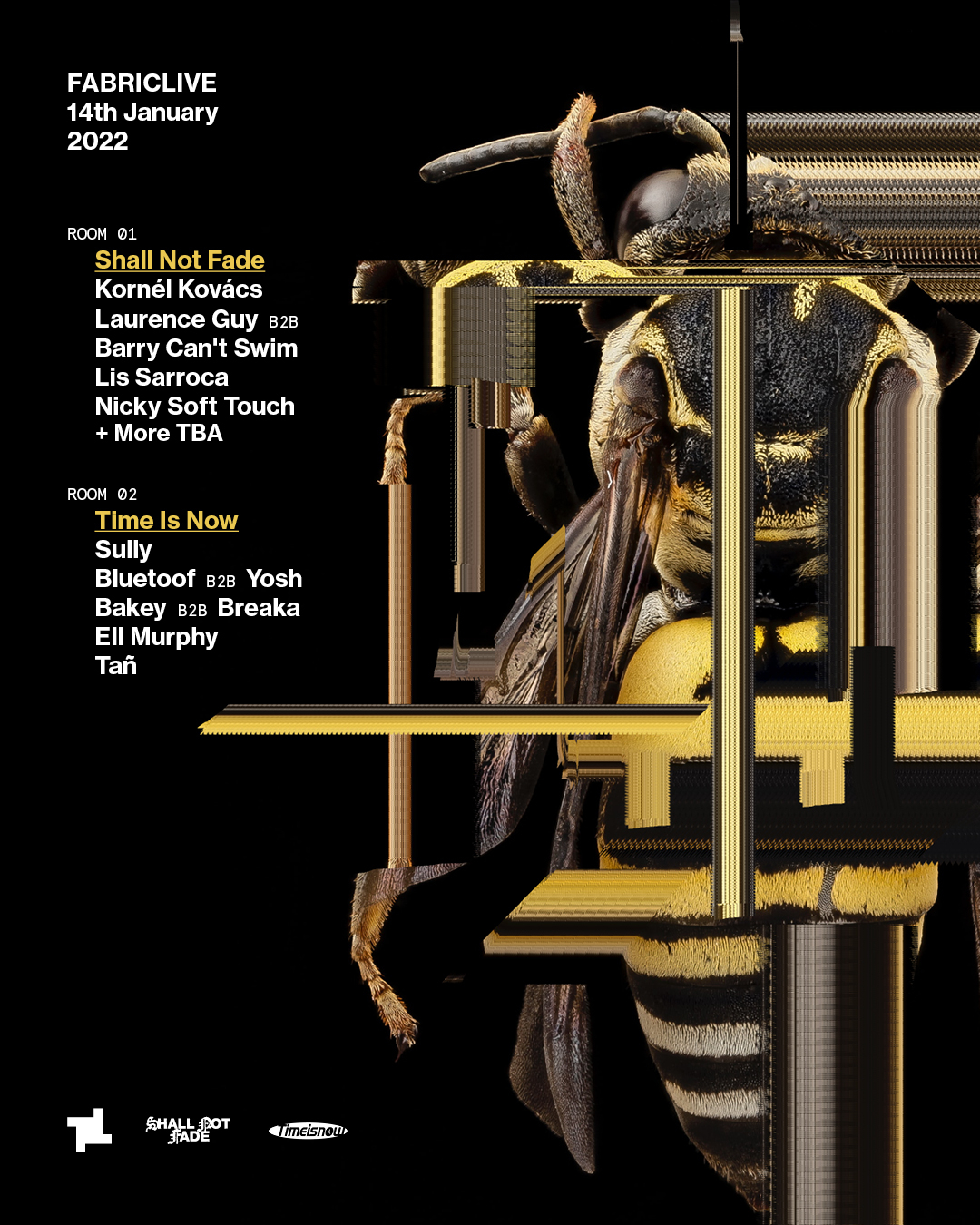 FABRICLIVE: Shall Not Fade x Time Is Now: Kornél Kovács, Laurence Guy, Lis Sarroca, Sully, more - Flyer front