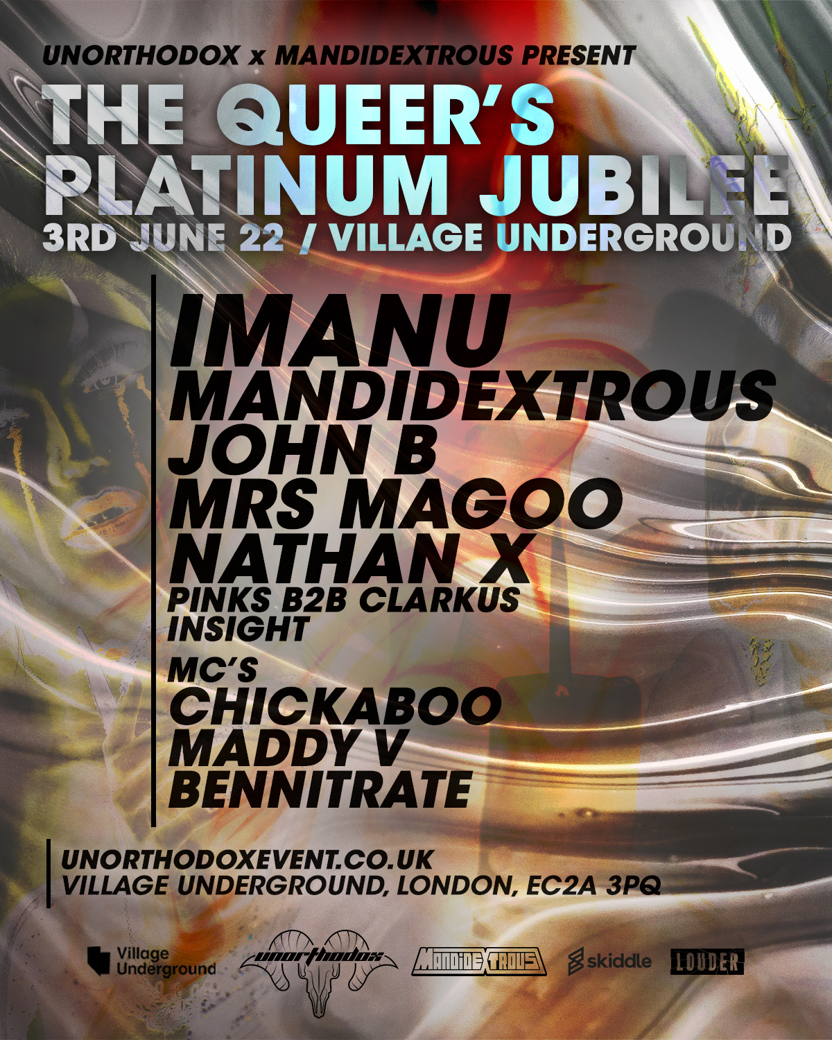 Unorthodox x Mandidextrous presents: The Queer's Platinum Jubilee - Flyer front