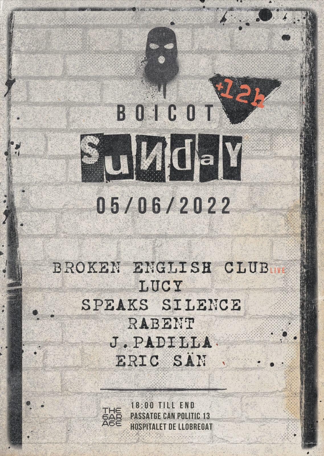 BOICOT Pres. Broken English Club (LIVE), Lucy, SPEAKS SILENCE, Rabent, J.PADILLA, ERIC SÄN - Flyer front