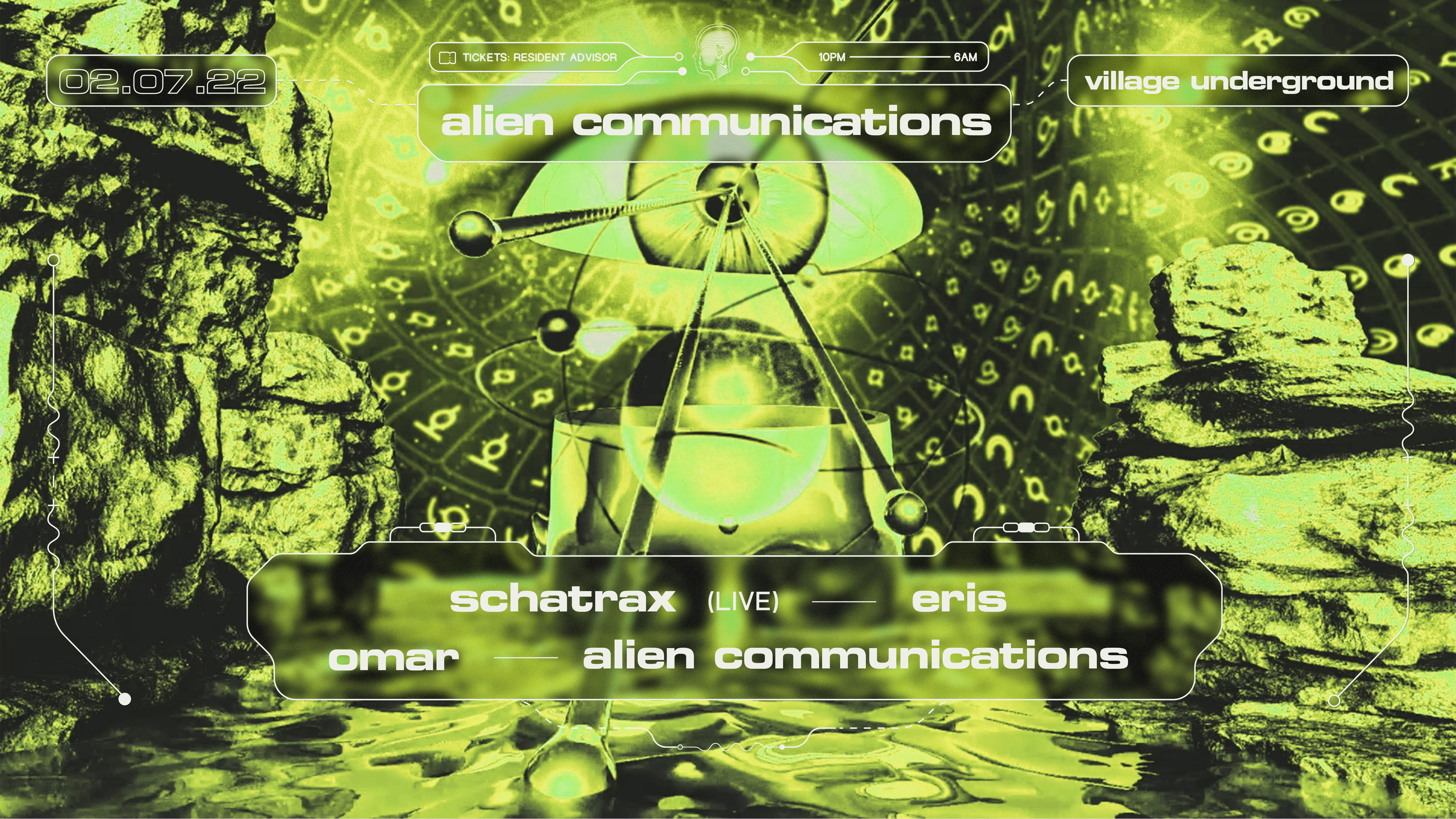 Alien Communications x VU III: Schatrax (live), ERIS, OMAR - Flyer front
