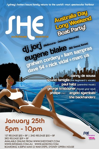 SHE Australia Day Weekend Boat Party feat. Dj Jorj & Eugene Blake - Flyer front