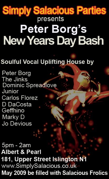 Simply Salacious Parties presents Peter Borg'S New Years Day Bash - Flyer front