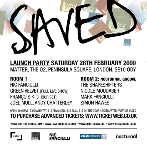 Saved Launch Party with Nic Fanciulli, Green Velvet - Flyer front