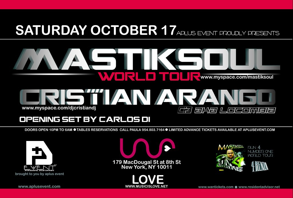 Mastiksoul World Tour with Special Guest Cristian Arango Aka Locombia - Flyer back