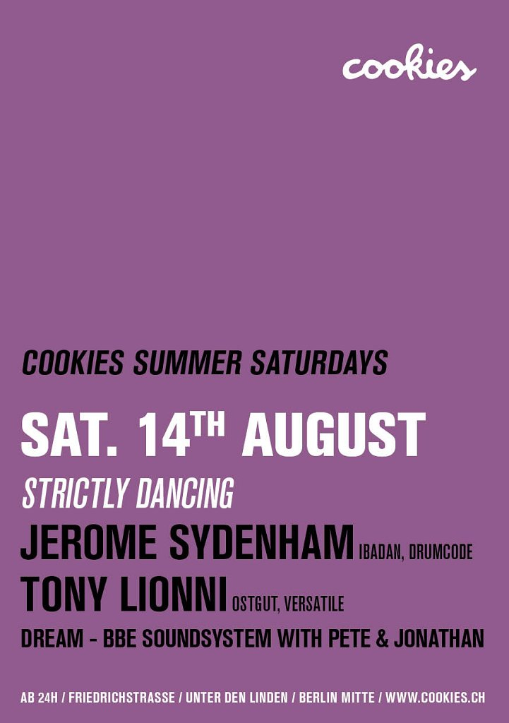 [Cancelled] Cookies Summer Saturdays #3 -Strictly Dancin with Jerome Sydenham Tony Lionni & Bbe - Flyer front
