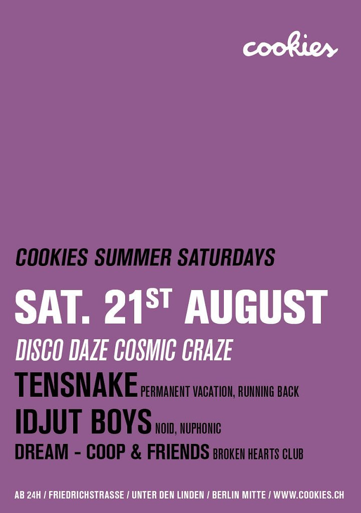 [Cancelled] Cookies Summer Saturdays #4 -Disco Daze Cosmic Craze with Tensnake & Idjut Boys - Flyer front