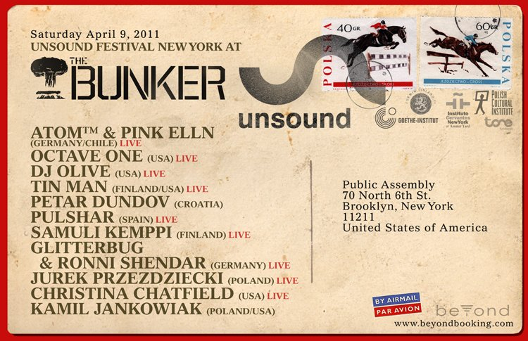 The Bunker At Unsound Festival New York with Atom™ & Pink Elln, Octave One, Tin Man, Petar Dundov - Flyer front