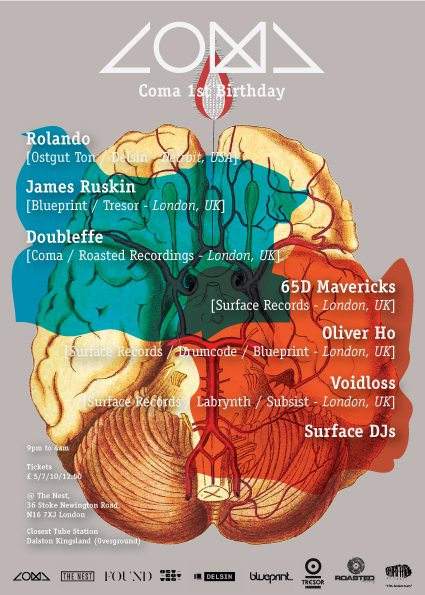 Coma 1st Birthday Party: Rolando + James Ruskin + Surface Records 15th Anniversary - Flyer back