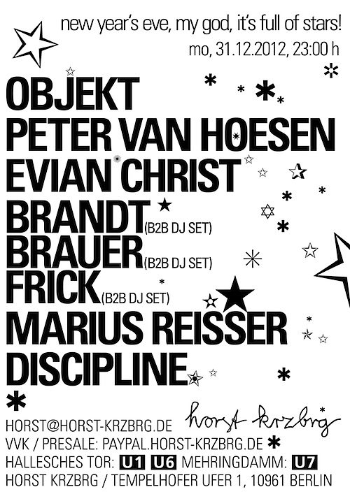 NYE: Objekt, Peter van Hoesen, Brandt Brauer Frick, Evian Christ, Marius Reisser & Discipline - Flyer front