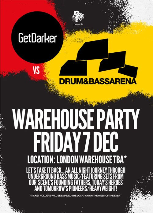Basslaced: Get Darker vs D&B Arena - Loefah B2B Oneman, Todd Edwards, Roni Size, Calibre - Flyer front