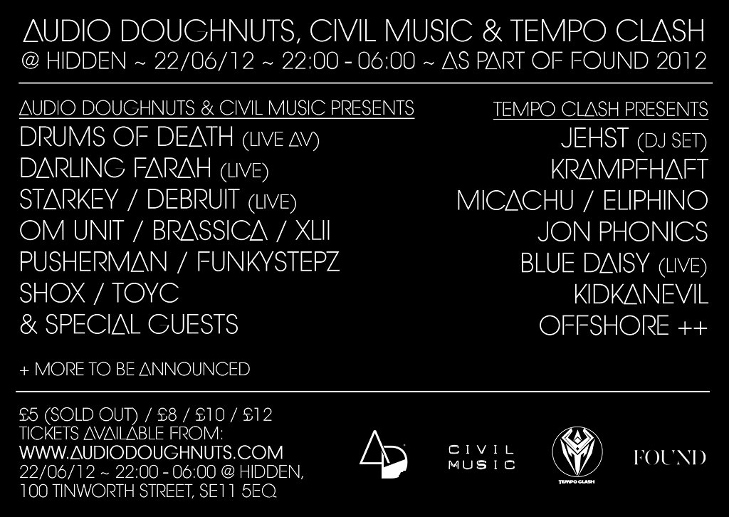 Audio dOughnuts, Civil Music & Tempo Clash presents Drums Of Death, Darling Farah, dEbruit - Flyer back