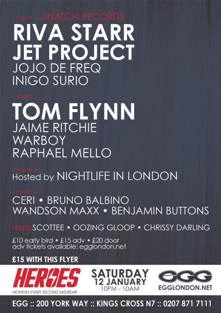 Heroes with Riva Starr, Jet Project, Tom Flynn, Jamie Ritchie - Flyer front