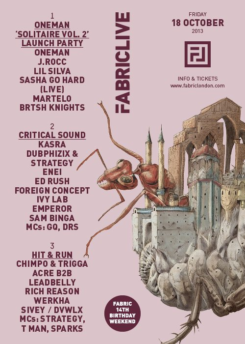 Fabriclive 14th Birthday with Oneman, Jrocc, Lil Silva, Critical Sound & Hit & Run - Flyer front
