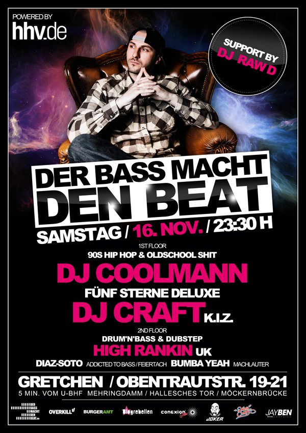 Der Bass Macht den Beat - Hip Hop Meets Electronic Music with DJ Coolmann - Flyer front