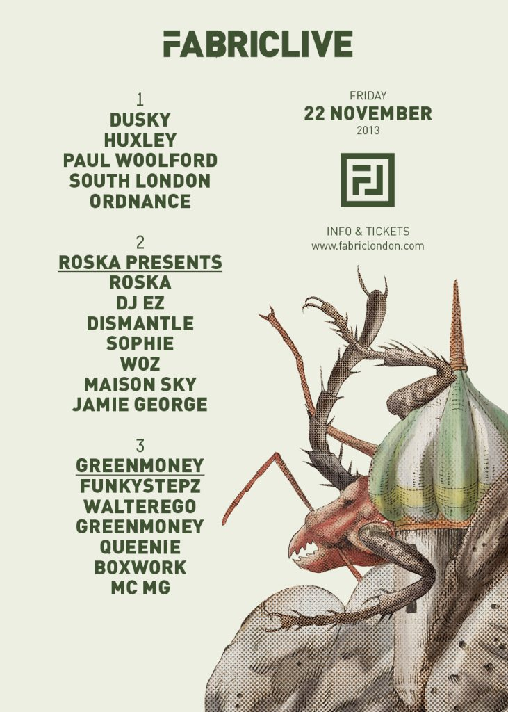 Fabriclive: Dusky, Huxley, Paul Woolford, Roska presents & Greenmoney - Flyer front