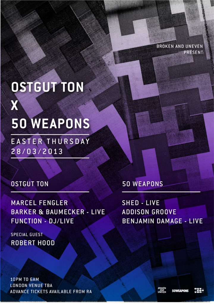 Ostgut Ton x 50 Weapons with Marcel Fengler, Function, Barker & Baumecker, Robert Hood, Shed - Flyer front