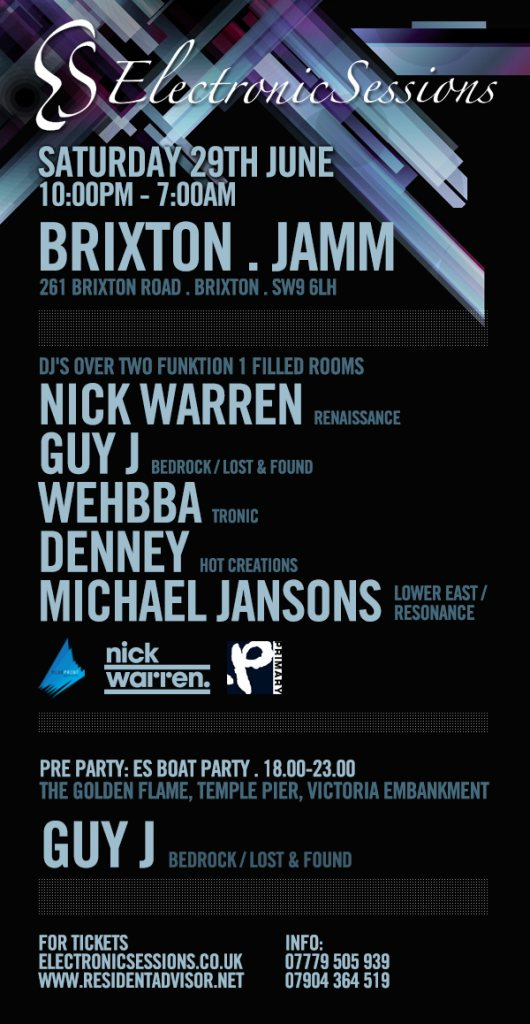 Electronicsessions with Nick Warren,Guy J, Wehbba, Denney & Michael Jansons - Flyer front