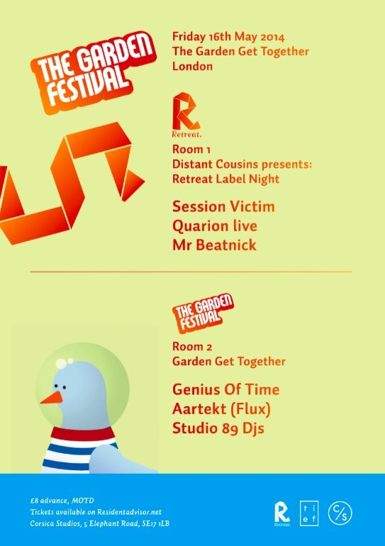 Garden Get Together & Retreat with Session Victim, Genius Of Time, Quarion Live & Mr. Beatnick - Flyer front