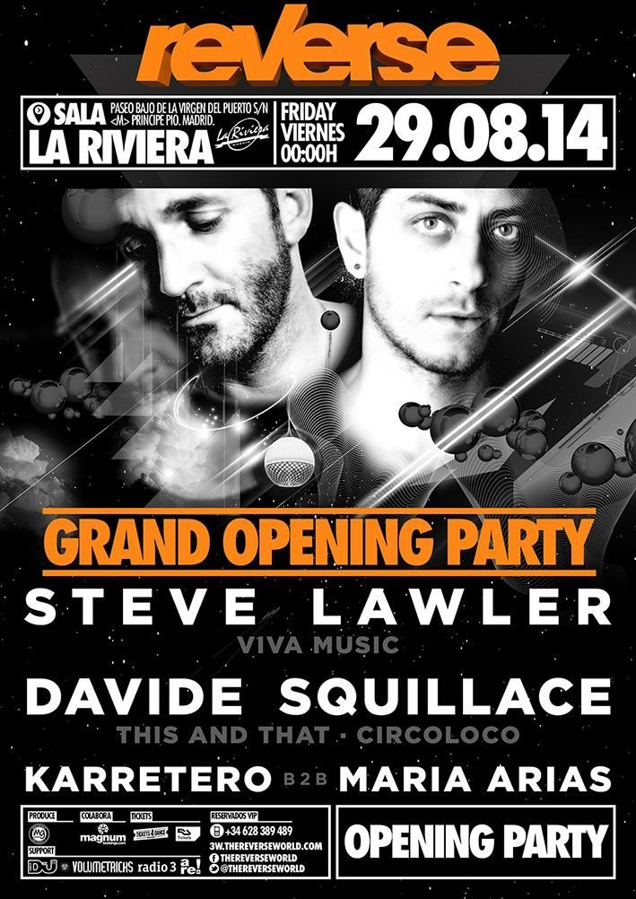 Steve Lawler: Davide Squillace: Karretero b2b Maria Arias: Reverse Grand Opening - Flyer front