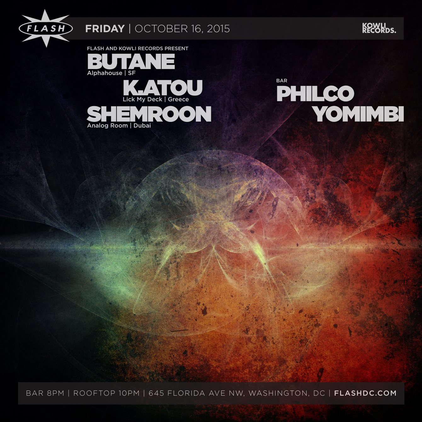 Flash and Kowli present Butane, K.Atou, Shemroom - Flyer front
