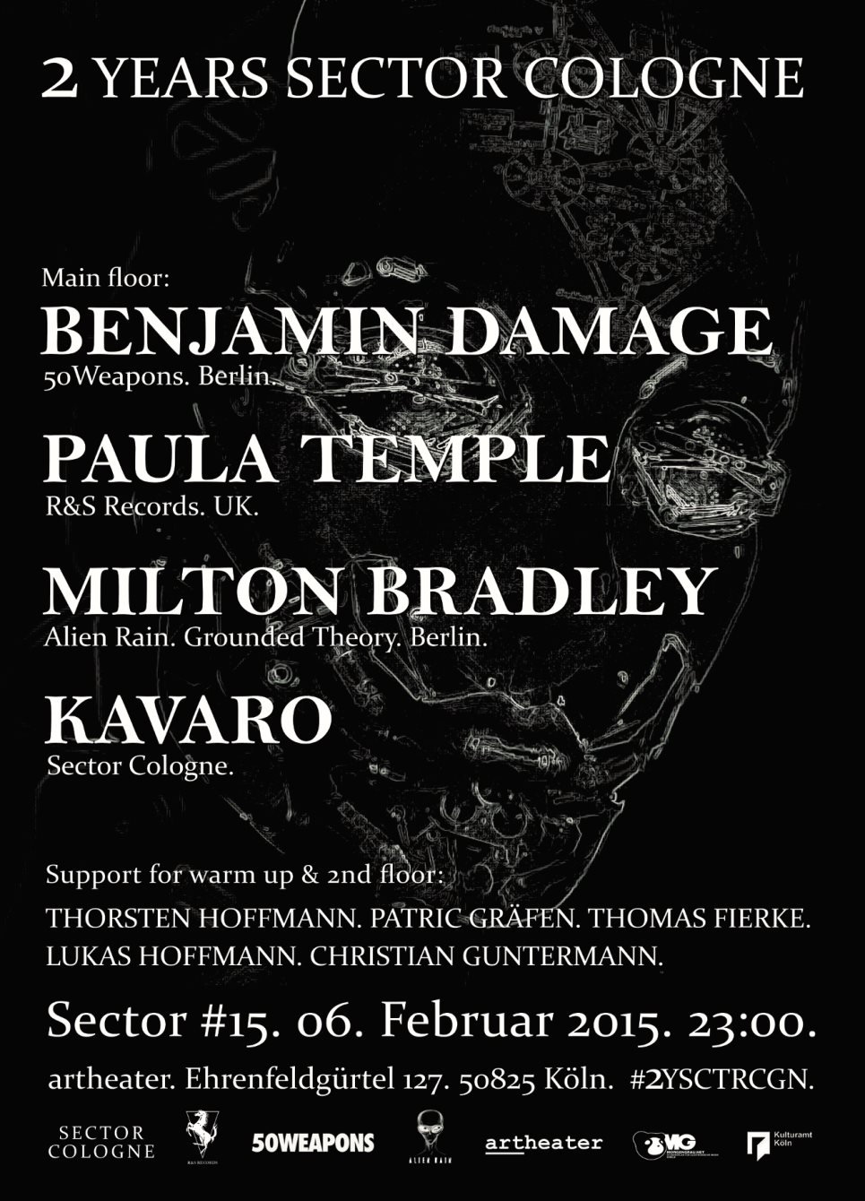 2 Years Sector Cologne // Benjamin Damage / Paula Temple / Milton Bradley - Flyer front