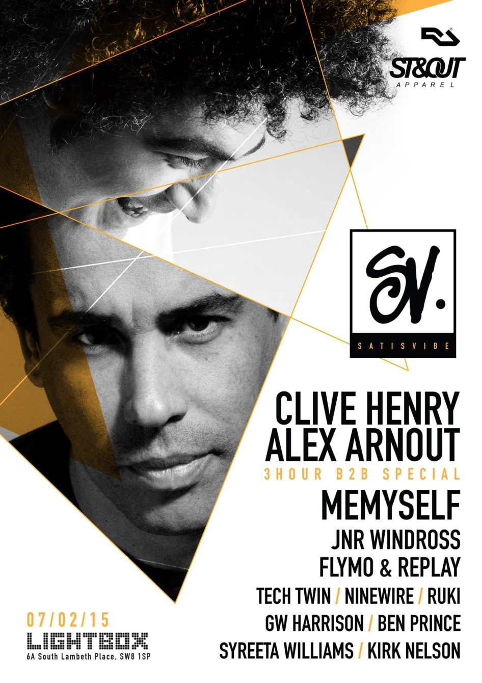Satisvibe presents: Alex Arnout b2b Clive Henry, Memyself, Jnr Windross, Flymo & Replay - Flyer front