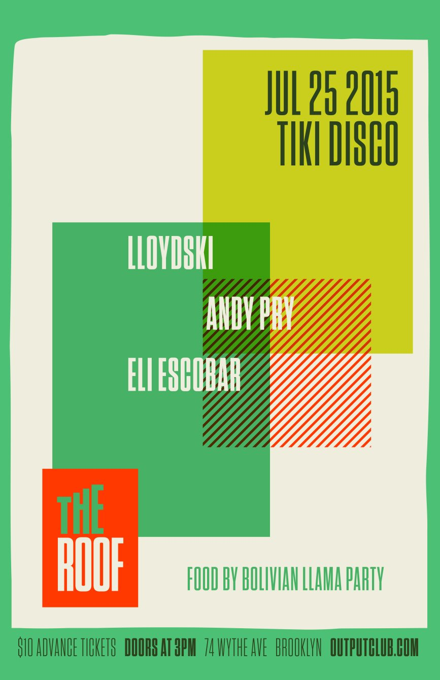 Tiki Disco - Lloydski/ Andy Pry/ Eli Escobar on The Roof - Flyer front