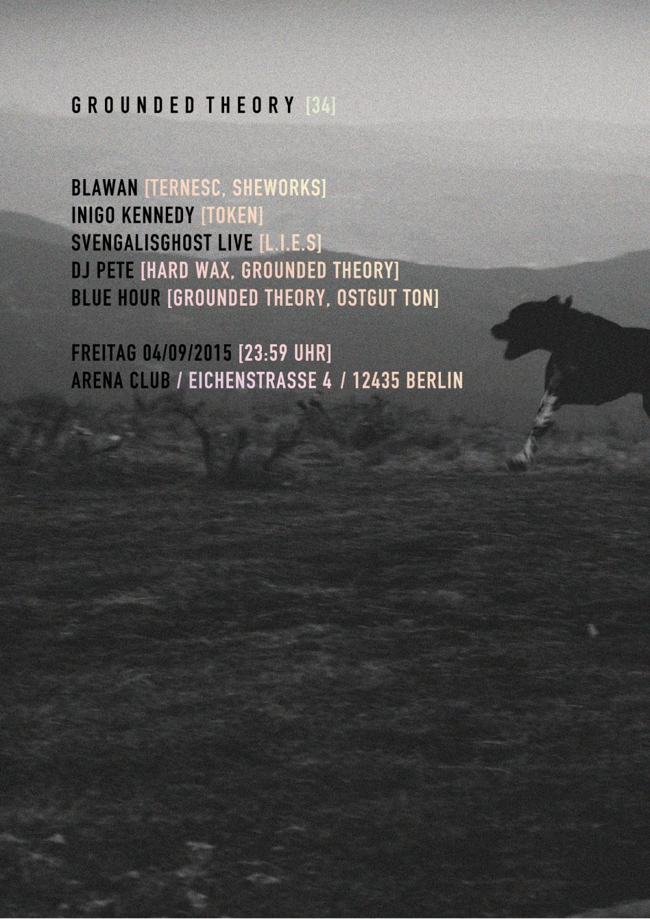 Grounded Theory 34 with Blawan, Inigo Kennedy, Svengalisghost, DJ Pete & Blue Hour - Flyer front