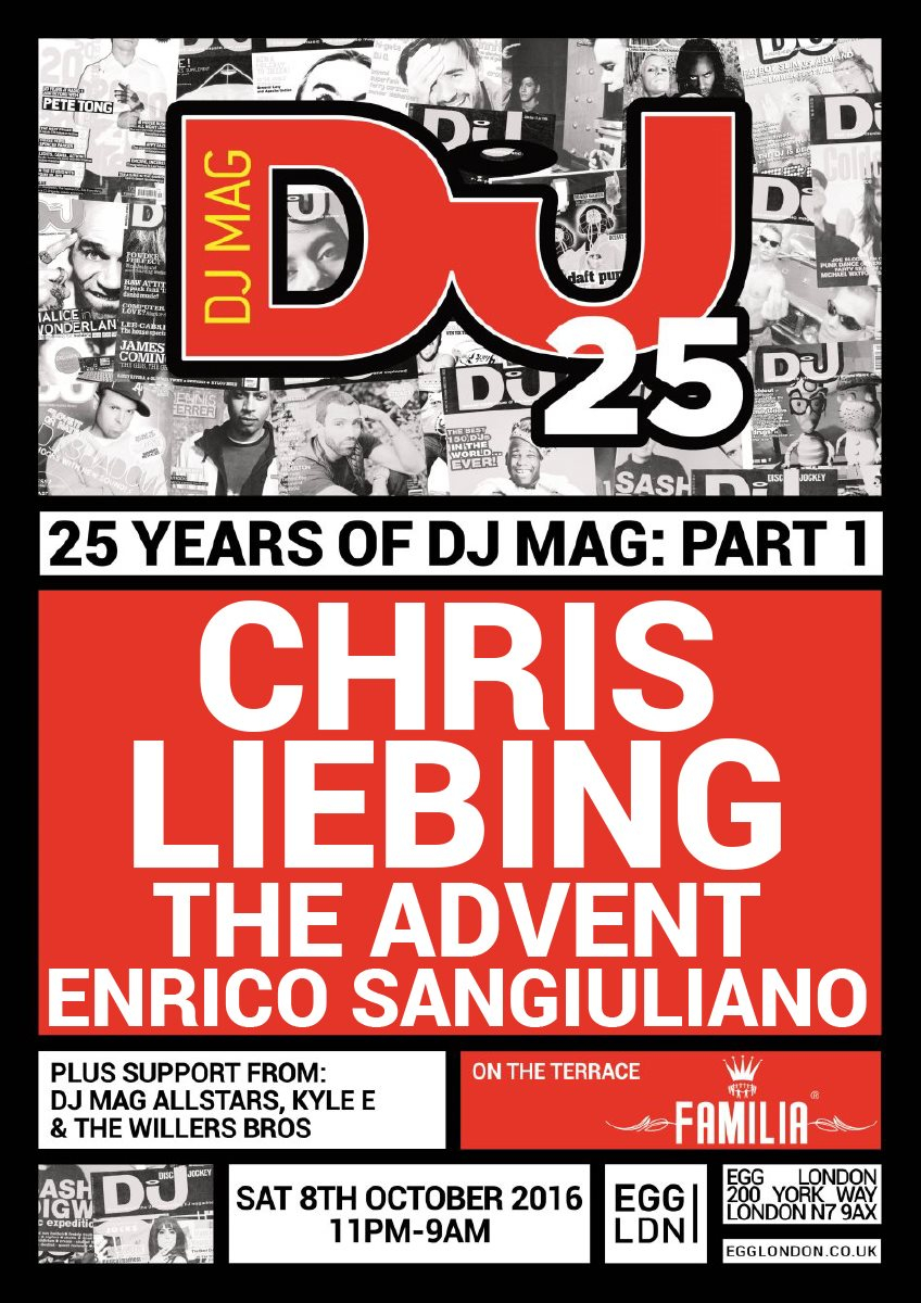 25 Years of DJ Mag (Part 1): Chris Liebing, The Advent, Enrico Sangiuliano, Familia - Flyer front