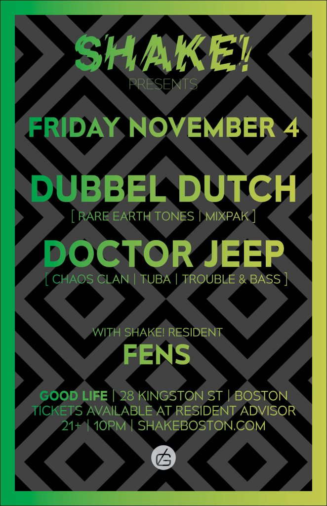 Shake! presents Dubbel Dutch, Doctor Jeep, & Fens - Flyer front