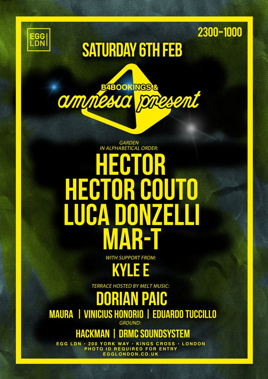 Amnesia presents: Hector, Hector Couto, Luca Donzelli, Mar-T, Hackman, Kyle E - Flyer front