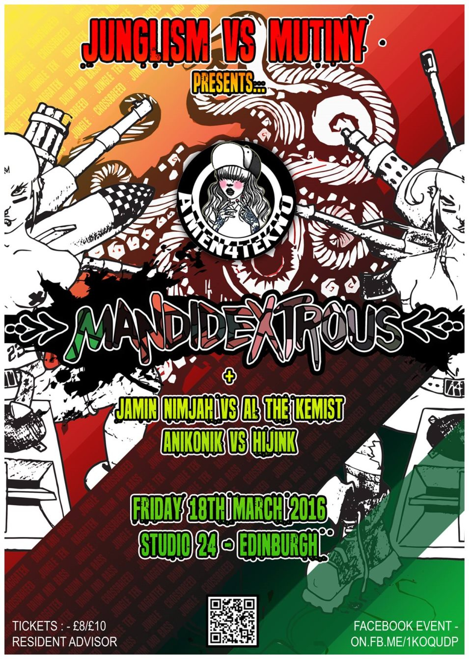 Junglism vs Mutiny presents Mandidextrous - Flyer front