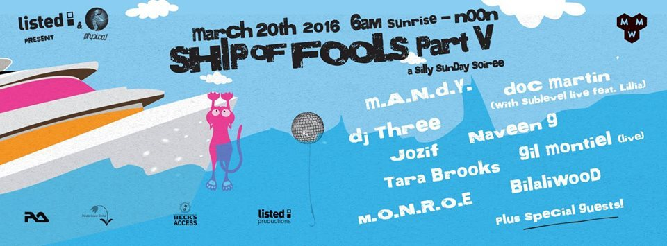 Listed & Get Physical present: Ship of Fools - Mandy, Doc Martin, DJ Three, Jozif & More - Flyer front
