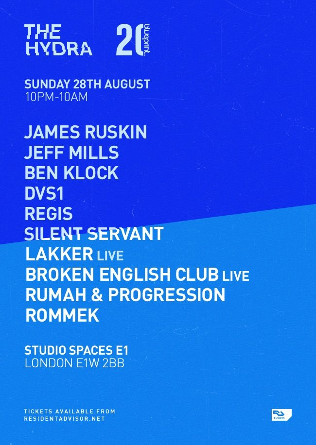 The Hydra: Blueprint 20 with James Ruskin, Jeff Mills, Ben Klock, DVS1 and More - Flyer front