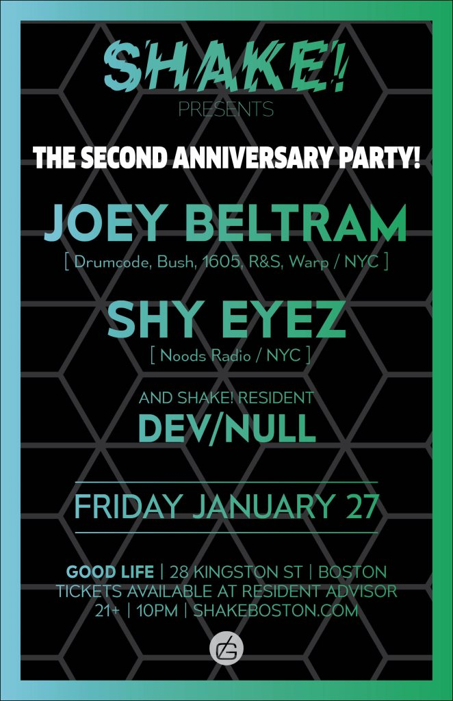 Shake! presents Joey Beltram, Shy Eyez & Dev/Null - Flyer front