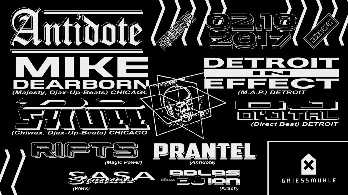 Antidote with Mike Dearborn, DJ Skull, Detroit In Effect, DJ Dijital - Flyer front