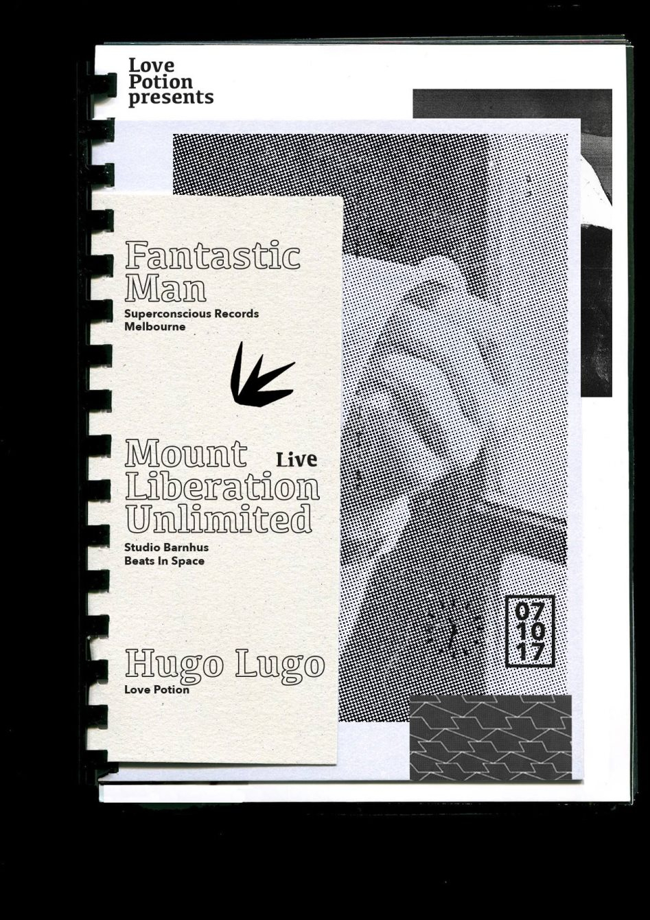 Love Potion: Fantastic Man, Mount Liberation Unlimited (Live) & Hugo Lugo - Flyer front
