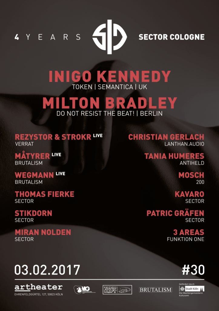4 Years Sector Cologne // Inigo Kennedy / Milton Bradley / 11 More Acts/DJs - Flyer front