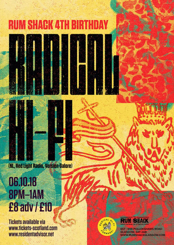 Rum Shack 4th Birthday: Radical HI-FI (NL, Red Light Radio, Version Galore) - Flyer front