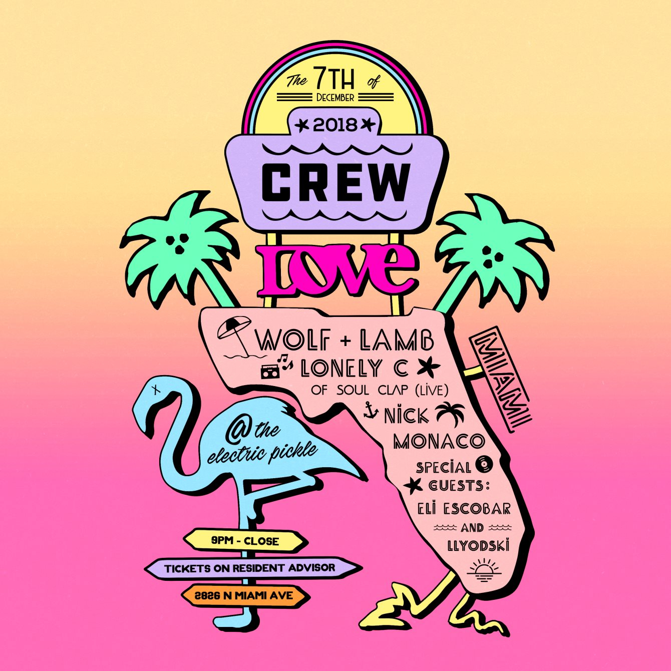Crew Love Miami with Wolf & Lamb, Lonely C of Soul Clap, Nick Monaco & More - Flyer front