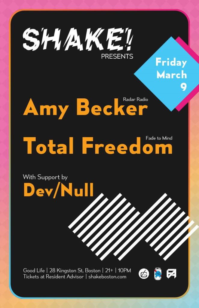 Shake! presents Amy Becker, Total Freedom, Dev/Null - Flyer front