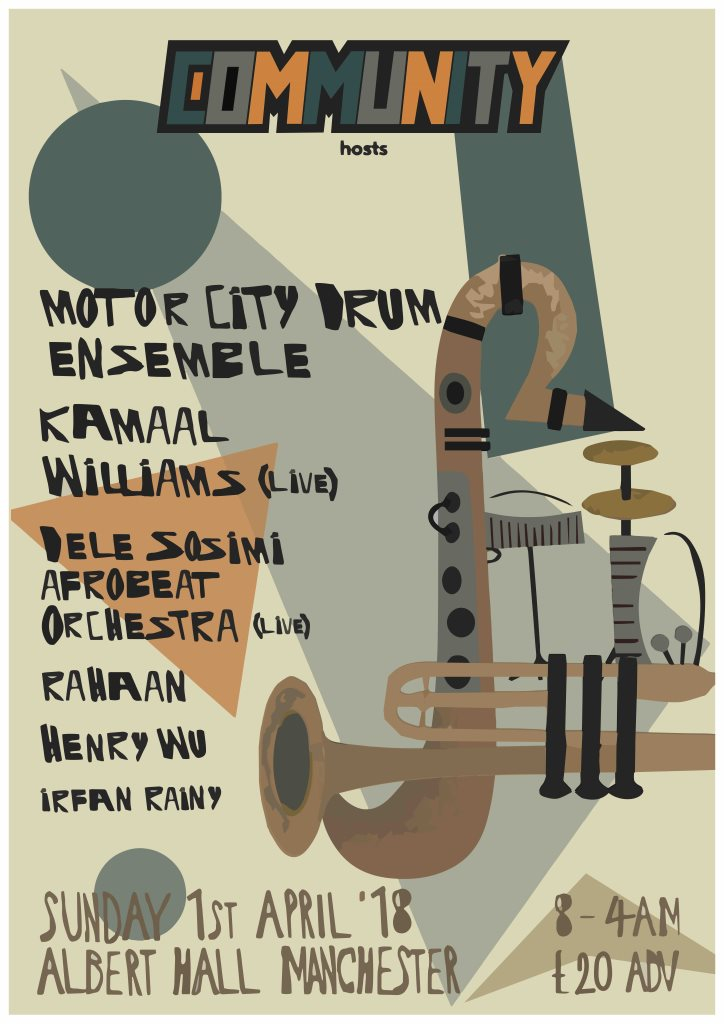 Community with Motor City Drum Ensemble, Kamaal Williams, Dele Sosimi & More - Flyer front