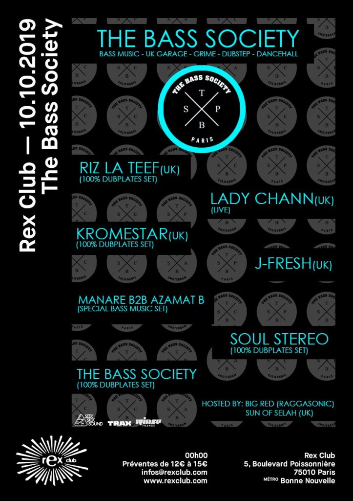 The Bass Society: Riz La Teef, Lady Chann, Kromestar, J-Fresh, Manare b2b Azamat B, Soul Stereo - Flyer front